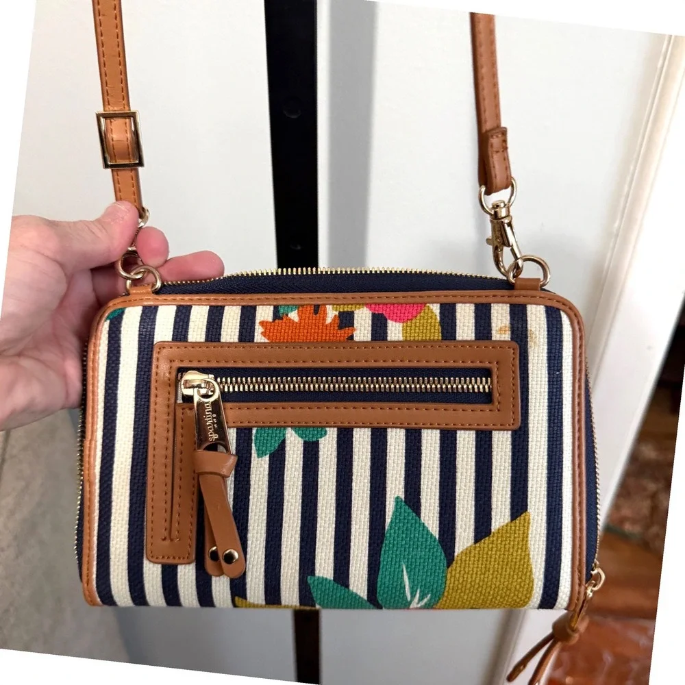Spartina 449 Crossbody Wallet Floral Stripe Small Tan Good Canvas Mermaid Logo - Picture 6 of 12